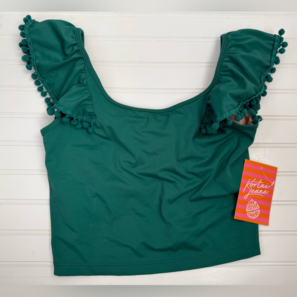 Kortni Jeane Teal Green One-Shoulder Bikini Top with Pom Trim